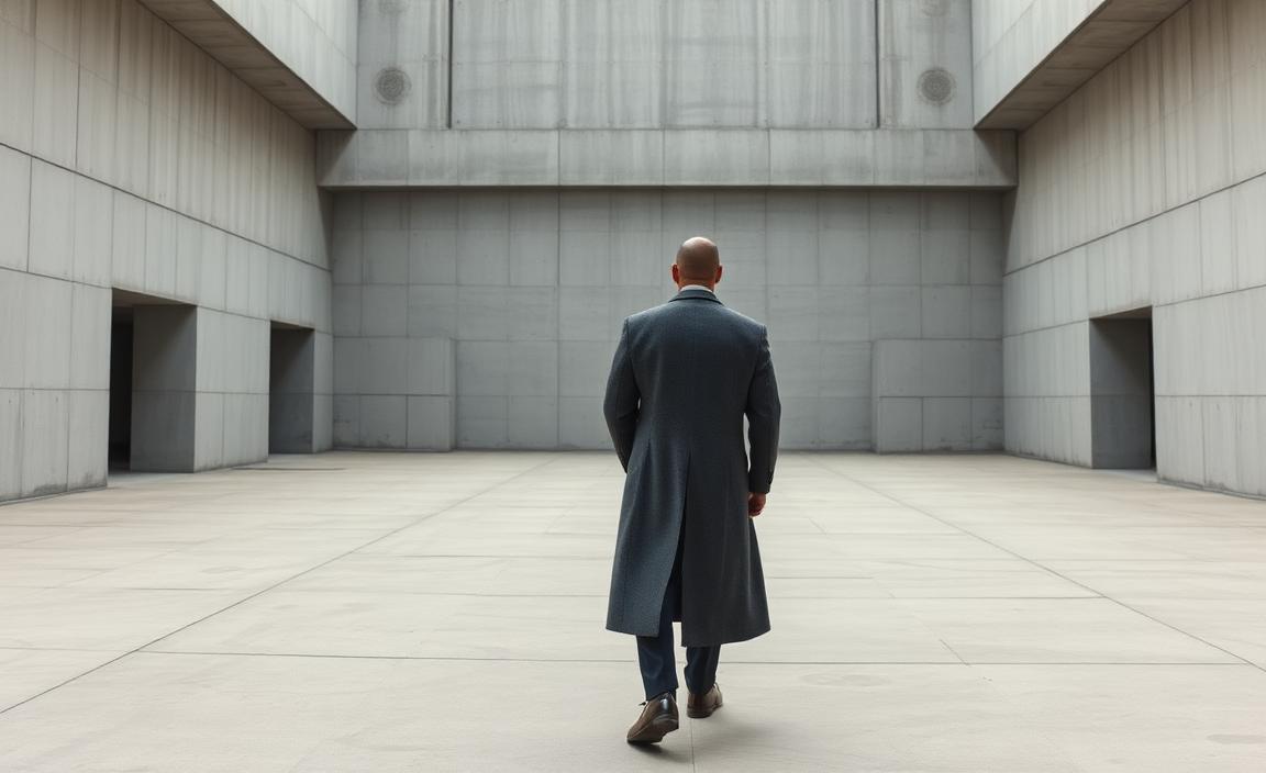 A man in a long gray overcoat walking through a brutalist concrete courtyard