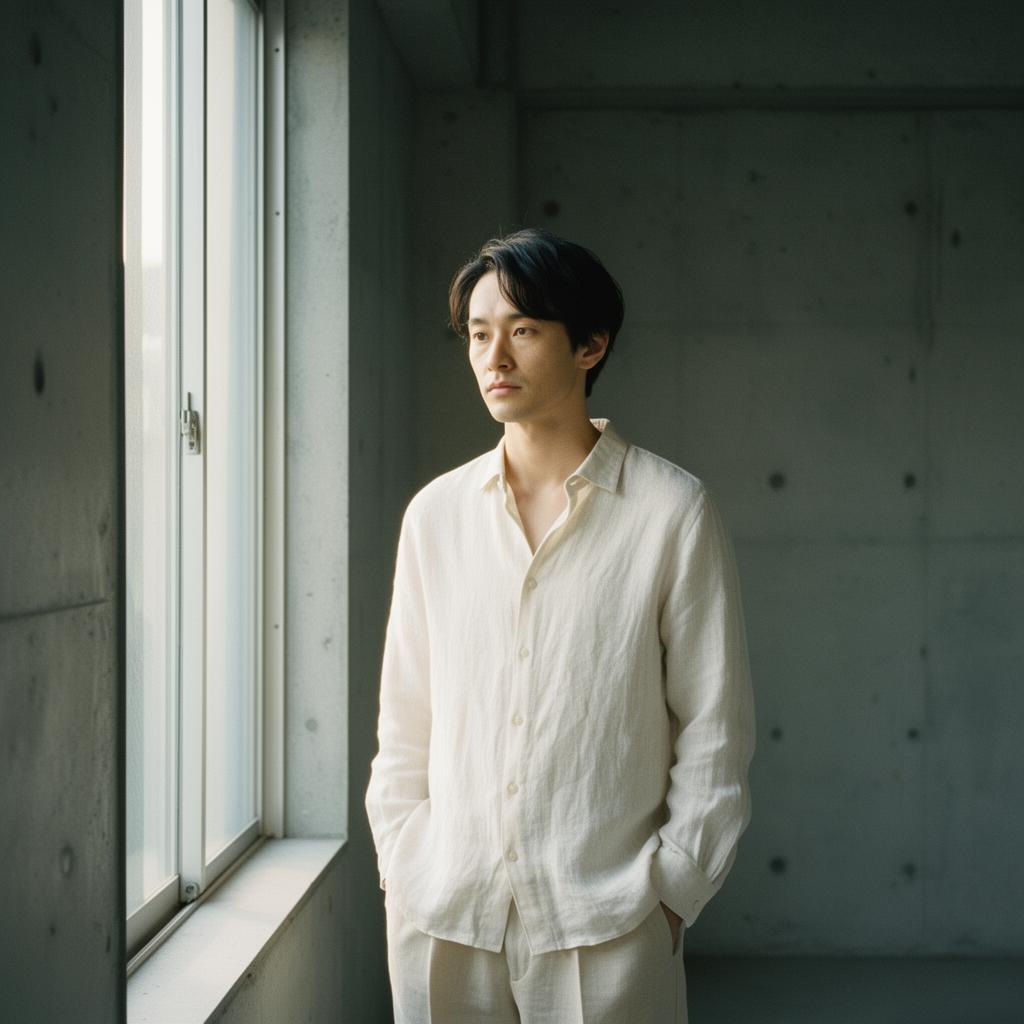 A man in an off-white linen shirt by a tall window